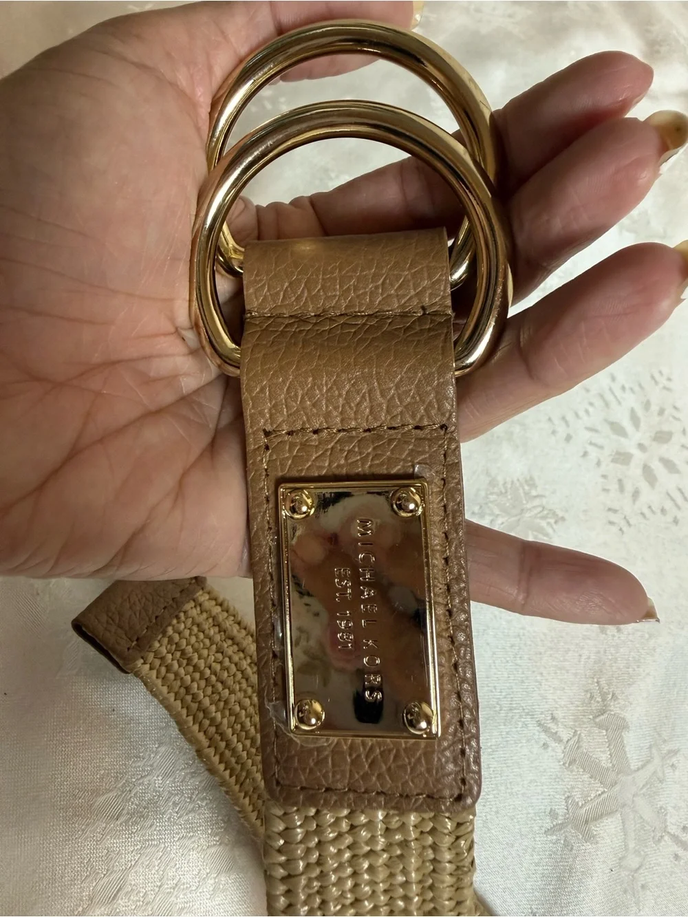 Michael Kors M/L Tan Woven Stretch Leather Belt Gold Double Ring Y2K Boho